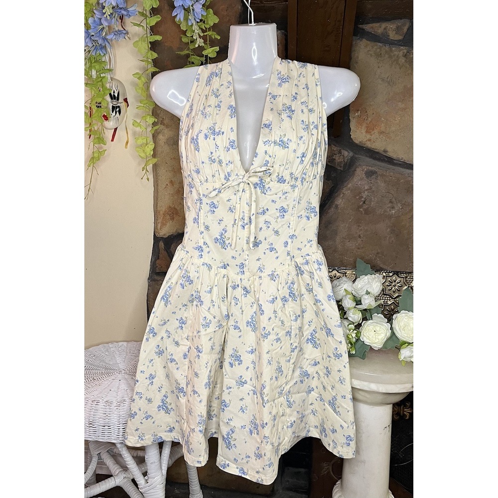 Blashe Charlotte XL Ivory Blue Floral V-Neck Sleeveless Mini Dress Tie Accent